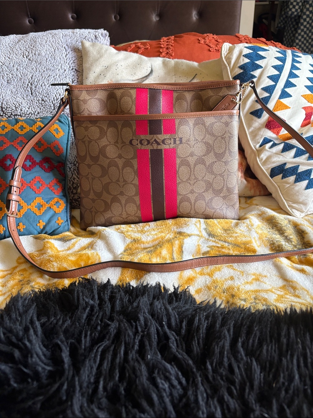 Coach Brown Signature Crossbody with Pink and Dark Pink Stripes
